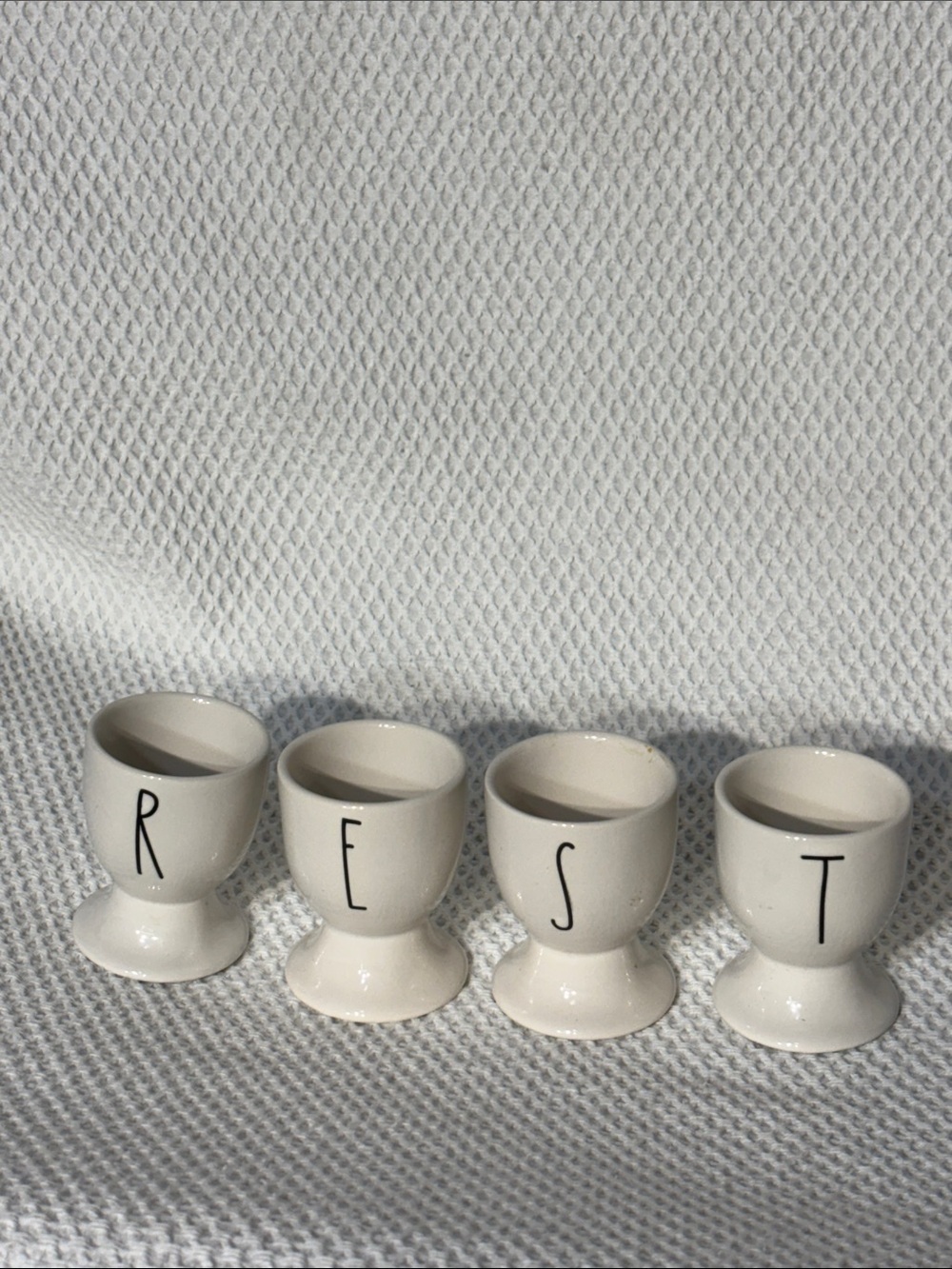 RAE DUNN BY MAGENTA Set of 4 Egg Cups with Lettering - R E S T